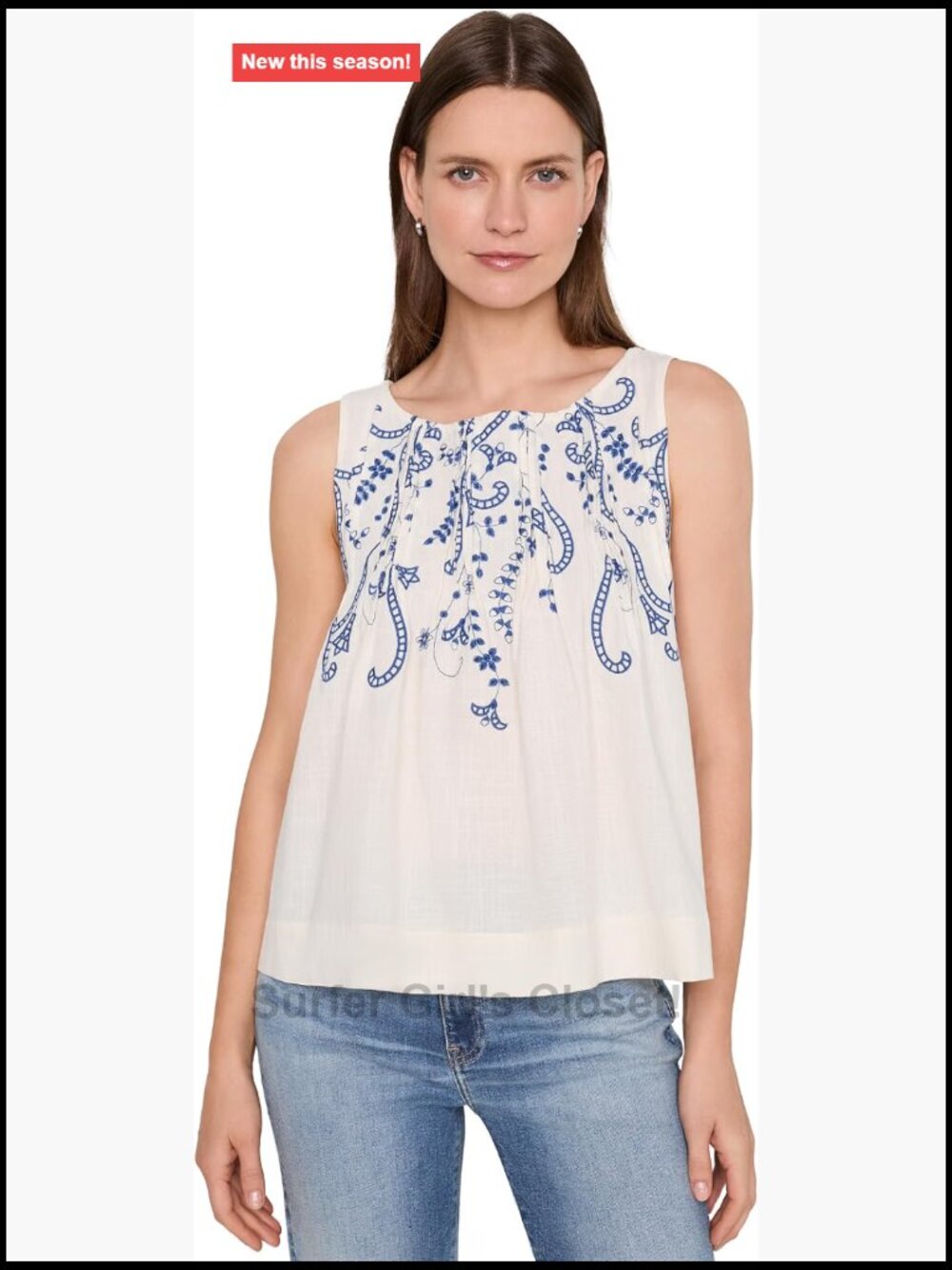 Sleeveless Boat Neck Woven Top with Pintucks Cream Cotton Pullover